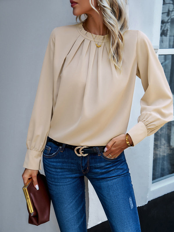 Blue Zone Planet | style elegant lace collar long-sleeved solid color top BLUE ZONE PLANET