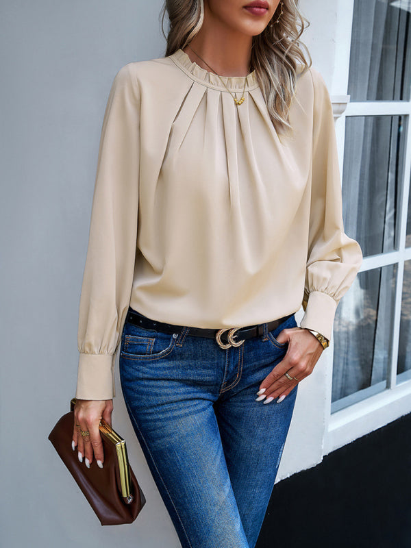 Blue Zone Planet | style elegant lace collar long-sleeved solid color top BLUE ZONE PLANET