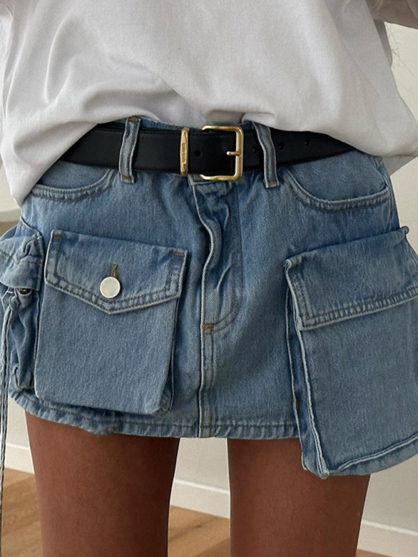 Blue Zone Planet | Irregular Big Pocket High Waist Zipper Denim Skirt BLUE ZONE PLANET