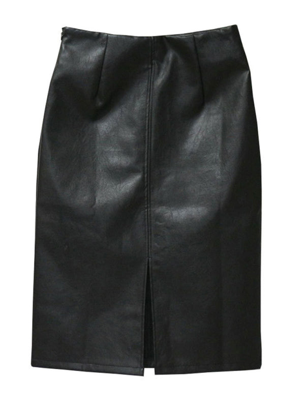 Blue Zone Planet | Viola's Slim Fit Hip Covering Spliced Slit PU Leather Skirt BLUE ZONE PLANET