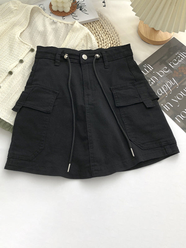 Blue Zone Planet | drawstring high waist denim hip-covering skirt BLUE ZONE PLANET