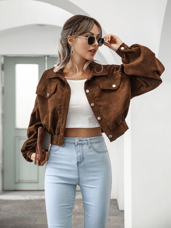 Blue Zone Planet | Corduroy Jacket Lantern Sleeve Single Breasted Short Jacket Women BLUE ZONE PLANET
