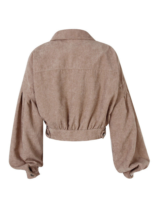 Blue Zone Planet | Corduroy Jacket Lantern Sleeve Single Breasted Short Jacket Women BLUE ZONE PLANET