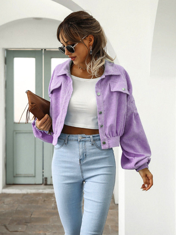 Blue Zone Planet | Corduroy Jacket Lantern Sleeve Single Breasted Short Jacket Women BLUE ZONE PLANET