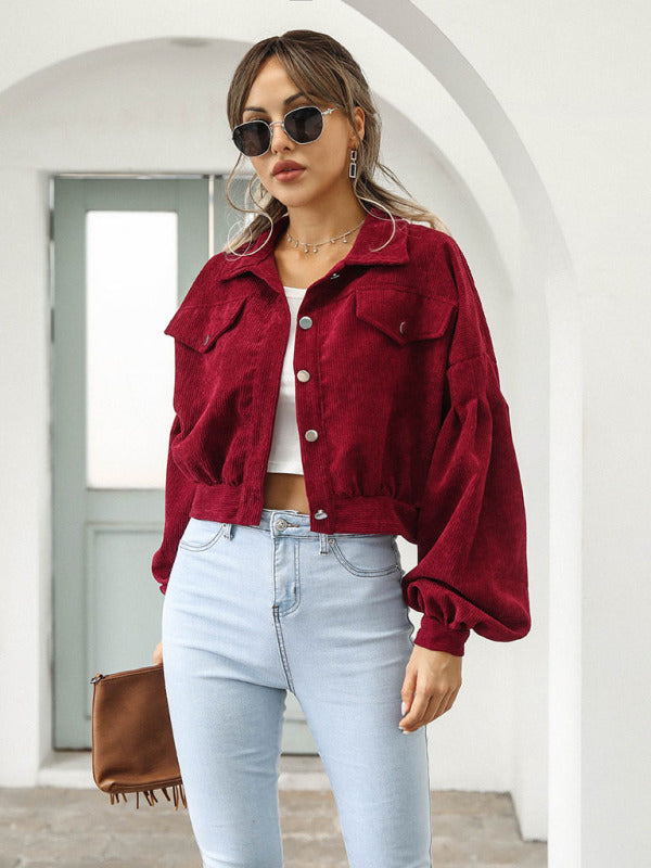 Blue Zone Planet | Corduroy Jacket Lantern Sleeve Single Breasted Short Jacket Women BLUE ZONE PLANET