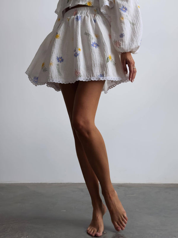 Blue Zone Planet | ruffled strawberry print skirt suit home wear BLUE ZONE PLANET
