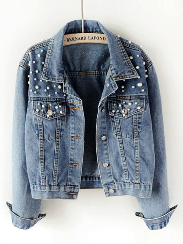 Blue Zone Planet | Women's heavy beaded loose denim jacket BLUE ZONE PLANET