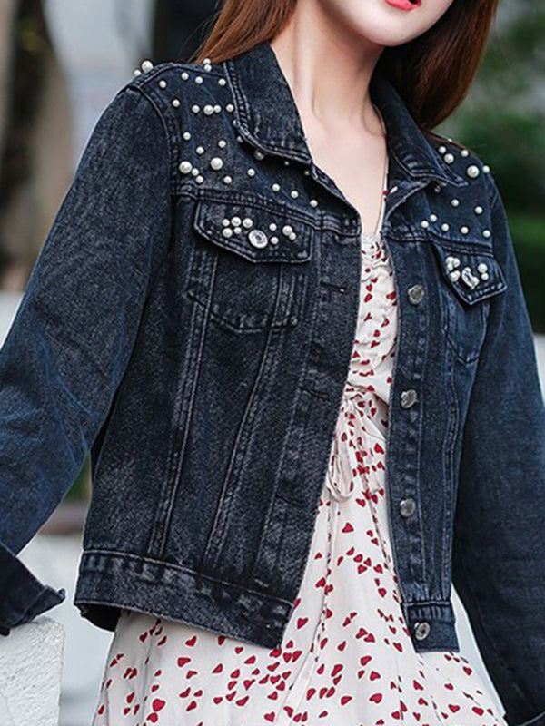 Blue Zone Planet | Women's heavy beaded loose denim jacket BLUE ZONE PLANET