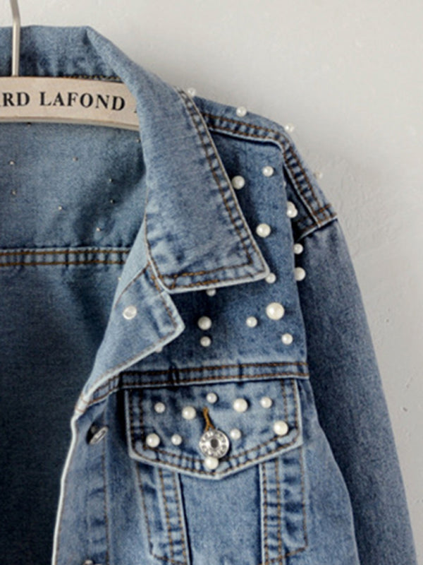 Blue Zone Planet | Women's heavy beaded loose denim jacket BLUE ZONE PLANET
