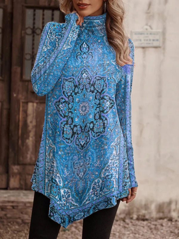Blue Zone Planet | High collar bohemian print long sleeve T-shirt BLUE ZONE PLANET