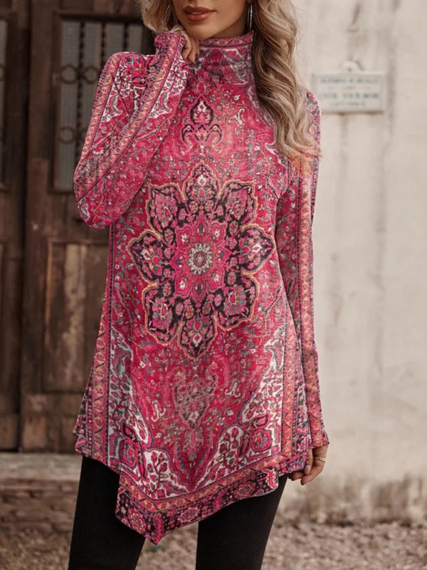 Blue Zone Planet | High collar bohemian print long sleeve T-shirt BLUE ZONE PLANET