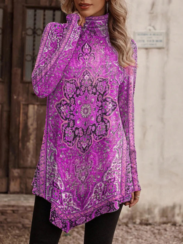 Blue Zone Planet | High collar bohemian print long sleeve T-shirt BLUE ZONE PLANET