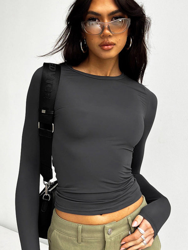 Blue Zone Planet | round neck slim long sleeve solid color t-shirt BLUE ZONE PLANET