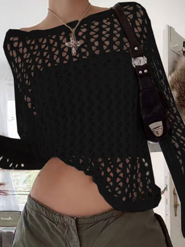 loose see-through mesh long-sleeved knitted top BLUE ZONE PLANET