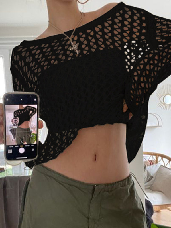 loose see-through mesh long-sleeved knitted top BLUE ZONE PLANET