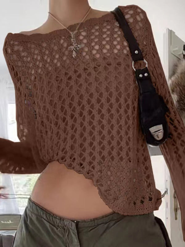 loose see-through mesh long-sleeved knitted top BLUE ZONE PLANET