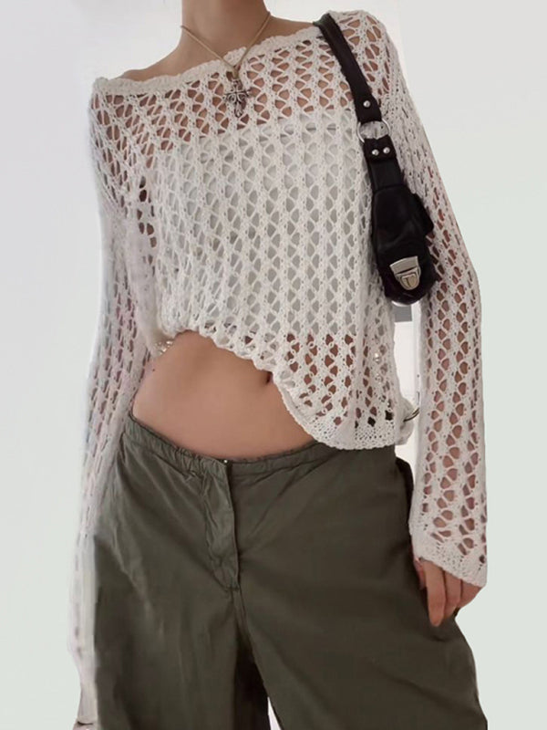 loose see-through mesh long-sleeved knitted top BLUE ZONE PLANET