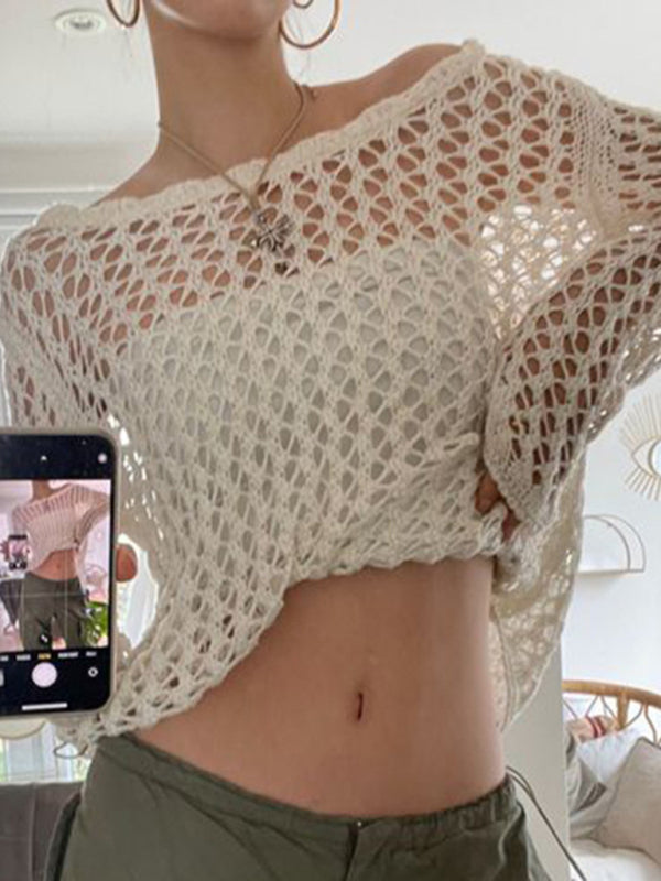 loose see-through mesh long-sleeved knitted top BLUE ZONE PLANET