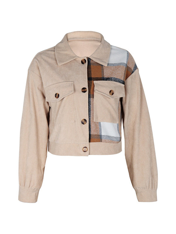 Women's Color Block Plaid Short Jacket kakaclo