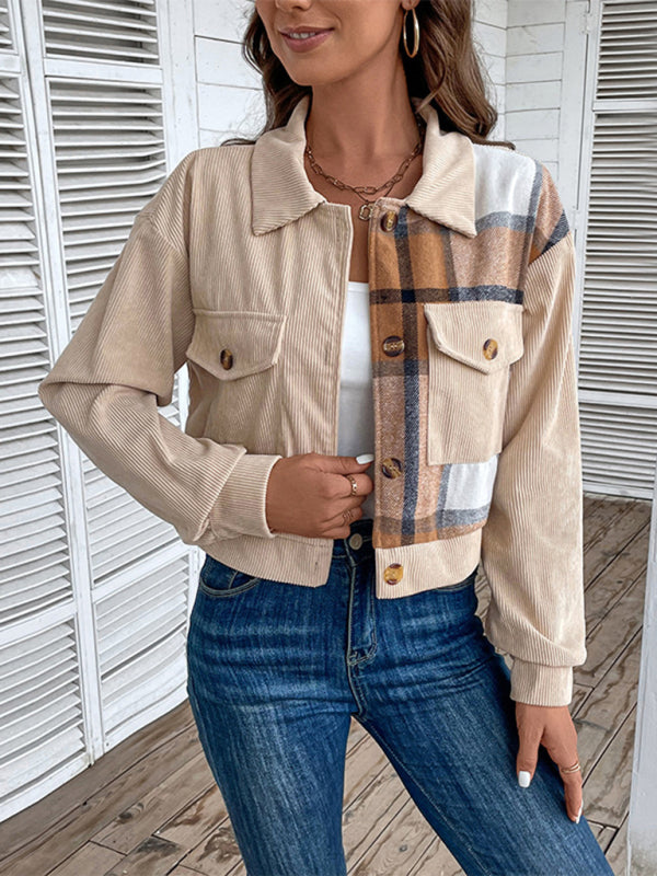 Women's Color Block Plaid Short Jacket kakaclo