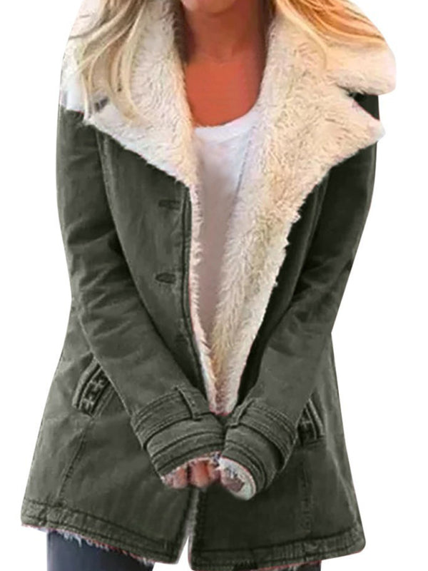 Blue Zone Planet | Autumn and winter solid color plush lapel mid-length coat BLUE ZONE PLANET