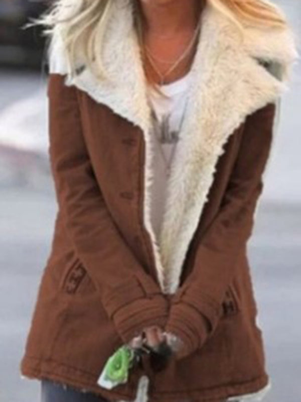 Blue Zone Planet | Autumn and winter solid color plush lapel mid-length coat BLUE ZONE PLANET