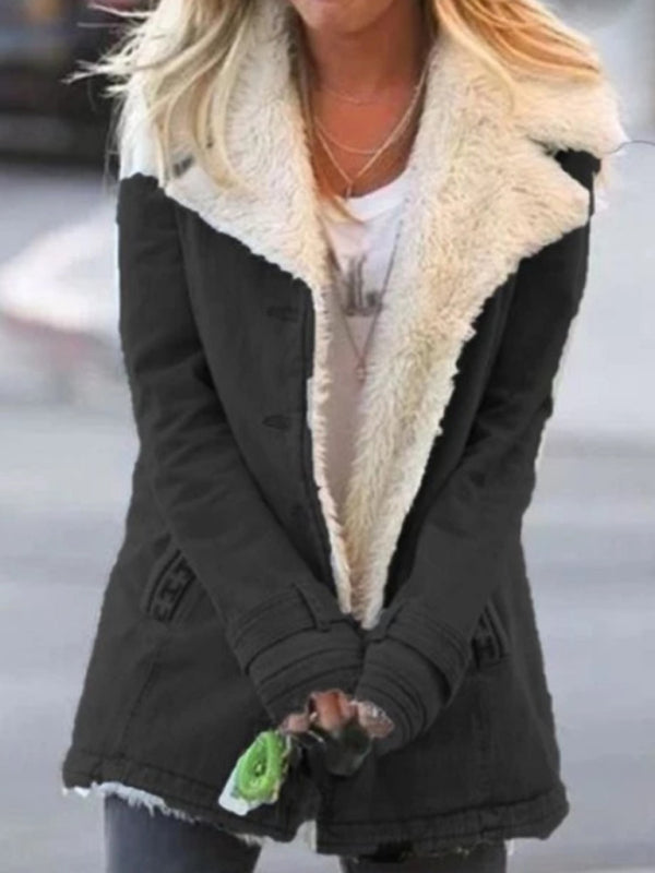 Blue Zone Planet | Autumn and winter solid color plush lapel mid-length coat BLUE ZONE PLANET