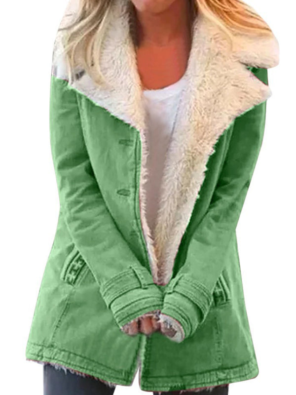 Blue Zone Planet | Autumn and winter solid color plush lapel mid-length coat BLUE ZONE PLANET