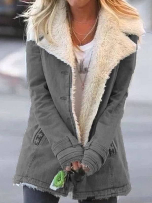 Blue Zone Planet | Autumn and winter solid color plush lapel mid-length coat BLUE ZONE PLANET