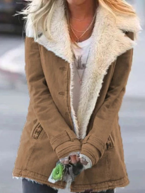 Blue Zone Planet | Autumn and winter solid color plush lapel mid-length coat BLUE ZONE PLANET