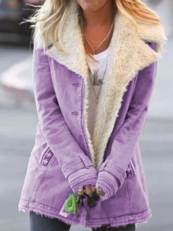 Blue Zone Planet | Autumn and winter solid color plush lapel mid-length coat BLUE ZONE PLANET