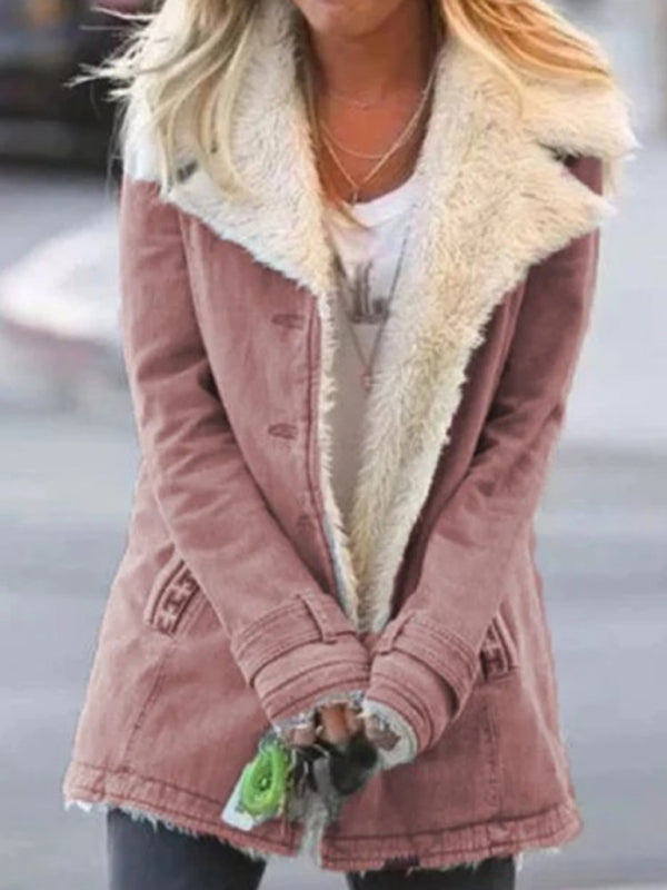Blue Zone Planet | Autumn and winter solid color plush lapel mid-length coat BLUE ZONE PLANET