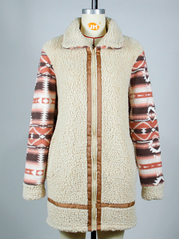 Blue Zone Planet | Color block printed lapel long zippered plush jacket BLUE ZONE PLANET