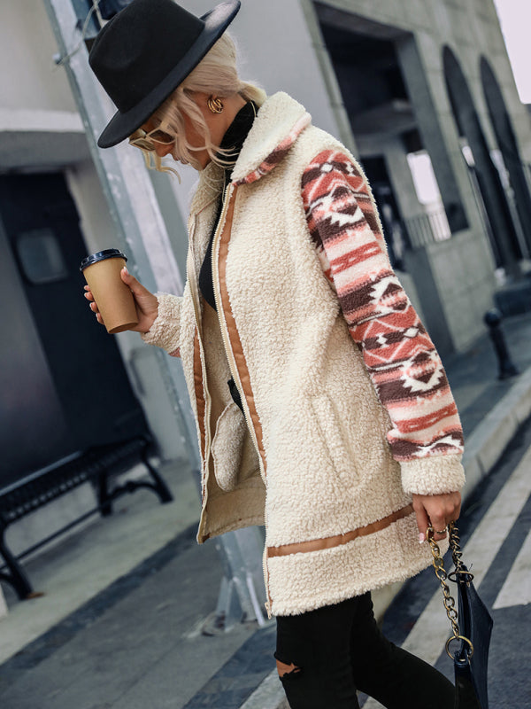 Blue Zone Planet | Color block printed lapel long zippered plush jacket BLUE ZONE PLANET