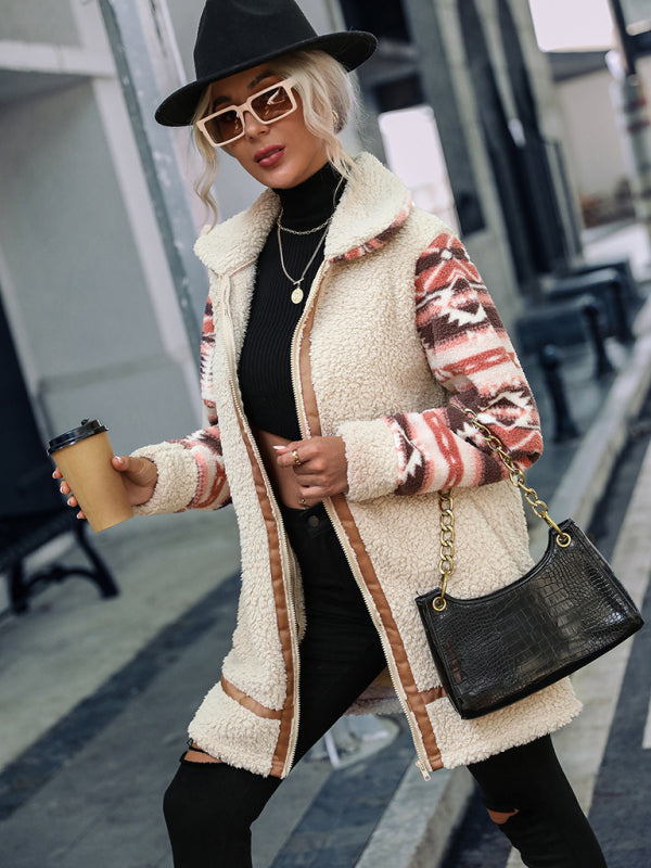 Blue Zone Planet | Color block printed lapel long zippered plush jacket BLUE ZONE PLANET