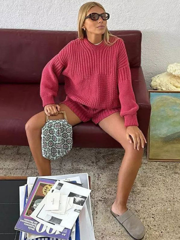 Blue Zone Planet | Carmen's Knitted Round Neck Long Sleeve Loose Sweater Shorts Two-Piece Set BLUE ZONE PLANET