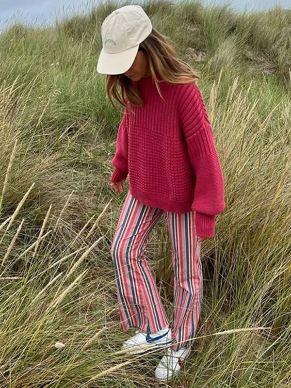 Blue Zone Planet | Carmen's Knitted Round Neck Long Sleeve Loose Sweater Shorts Two-Piece Set BLUE ZONE PLANET