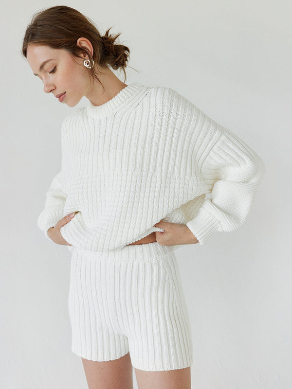 Blue Zone Planet | Carmen's Knitted Round Neck Long Sleeve Loose Sweater Shorts Two-Piece Set BLUE ZONE PLANET