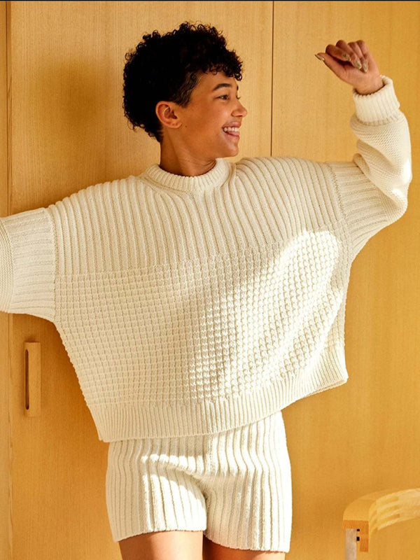 Blue Zone Planet | Carmen's Knitted Round Neck Long Sleeve Loose Sweater Shorts Two-Piece Set BLUE ZONE PLANET