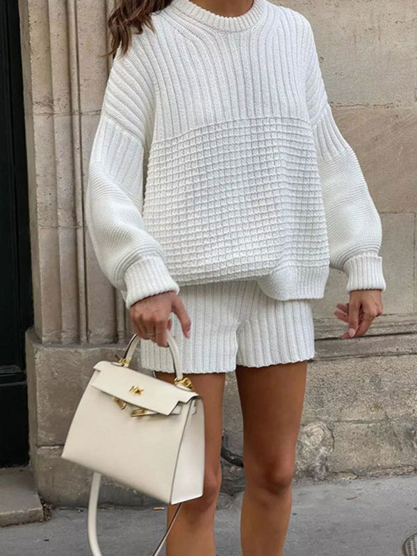 Blue Zone Planet | Carmen's Knitted Round Neck Long Sleeve Loose Sweater Shorts Two-Piece Set BLUE ZONE PLANET