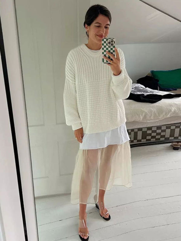 Blue Zone Planet | Carmen's Knitted Round Neck Long Sleeve Loose Sweater Shorts Two-Piece Set BLUE ZONE PLANET