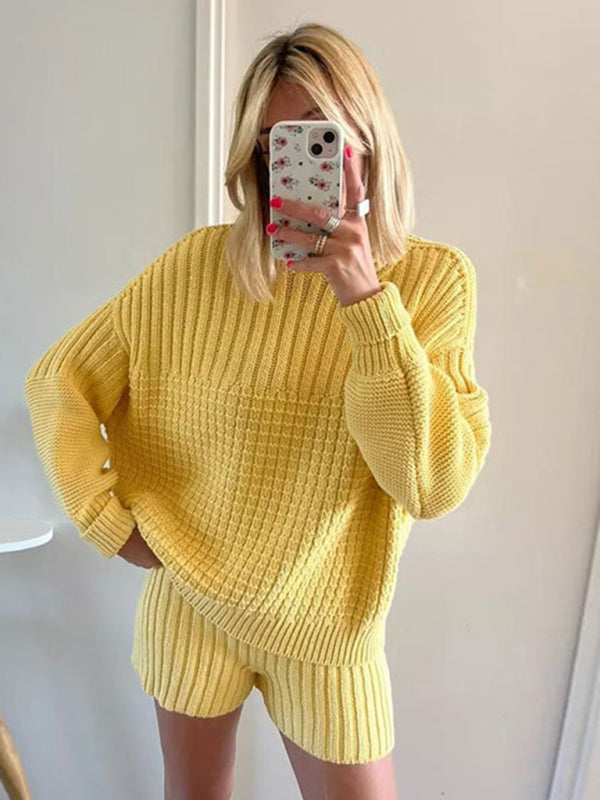 Blue Zone Planet | Carmen's Knitted Round Neck Long Sleeve Loose Sweater Shorts Two-Piece Set BLUE ZONE PLANET
