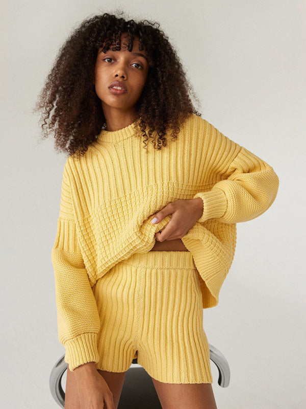 Blue Zone Planet | Carmen's Knitted Round Neck Long Sleeve Loose Sweater Shorts Two-Piece Set BLUE ZONE PLANET