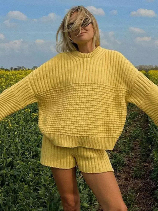 Blue Zone Planet | Carmen's Knitted Round Neck Long Sleeve Loose Sweater Shorts Two-Piece Set BLUE ZONE PLANET
