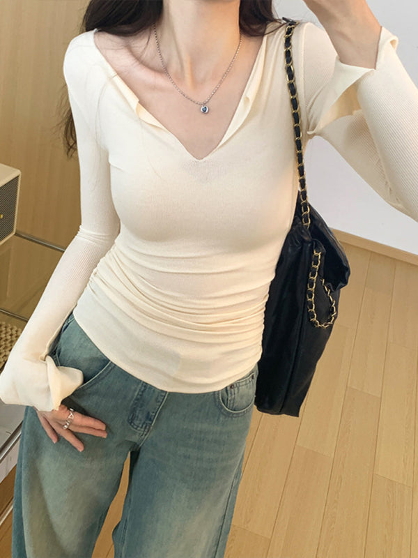 Blue Zone Planet | Women's V-neck bell sleeve slim knitted top BLUE ZONE PLANET
