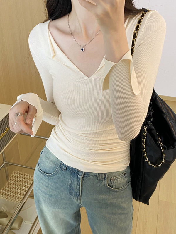 Blue Zone Planet | Women's V-neck bell sleeve slim knitted top BLUE ZONE PLANET