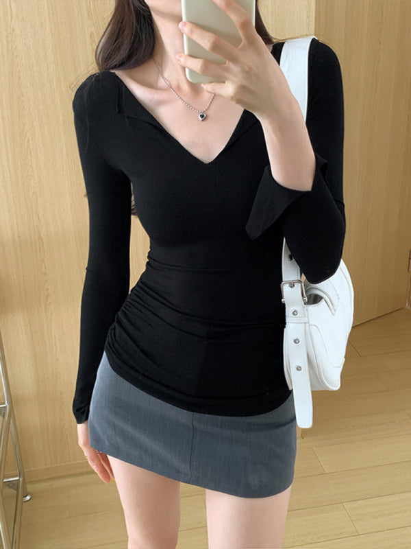 Blue Zone Planet | Women's V-neck bell sleeve slim knitted top BLUE ZONE PLANET
