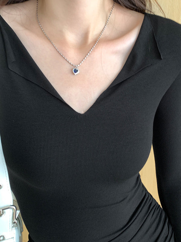 Blue Zone Planet | Women's V-neck bell sleeve slim knitted top BLUE ZONE PLANET