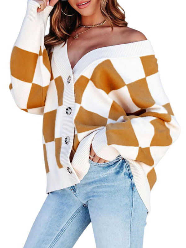 Blue Zone Planet |  Thea's Checkerboard Loose Button Cardigan BLUE ZONE PLANET