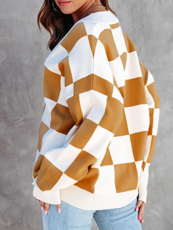 Blue Zone Planet |  Thea's Checkerboard Loose Button Cardigan BLUE ZONE PLANET